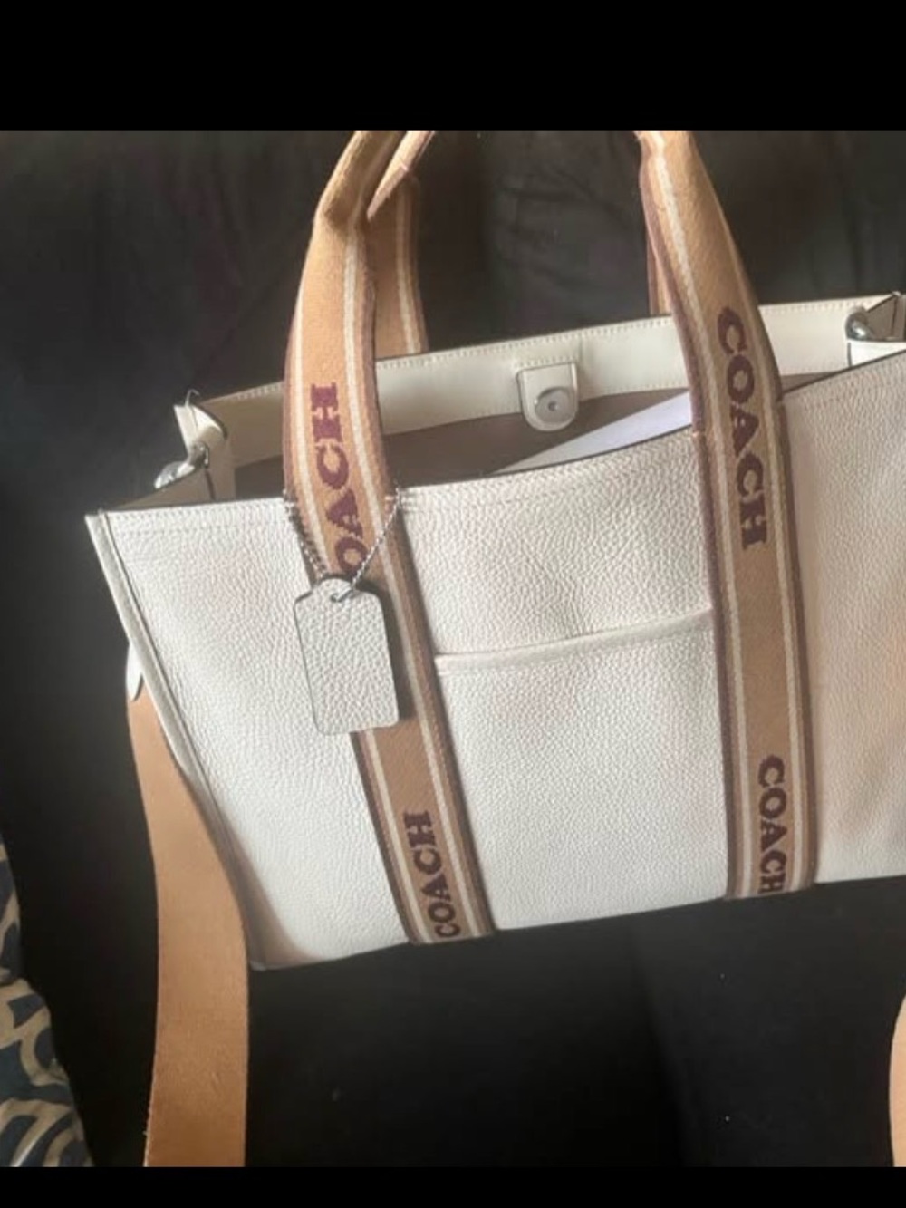 Coach White Pebbled Leather Tote with Tan Logo Webbing Straps